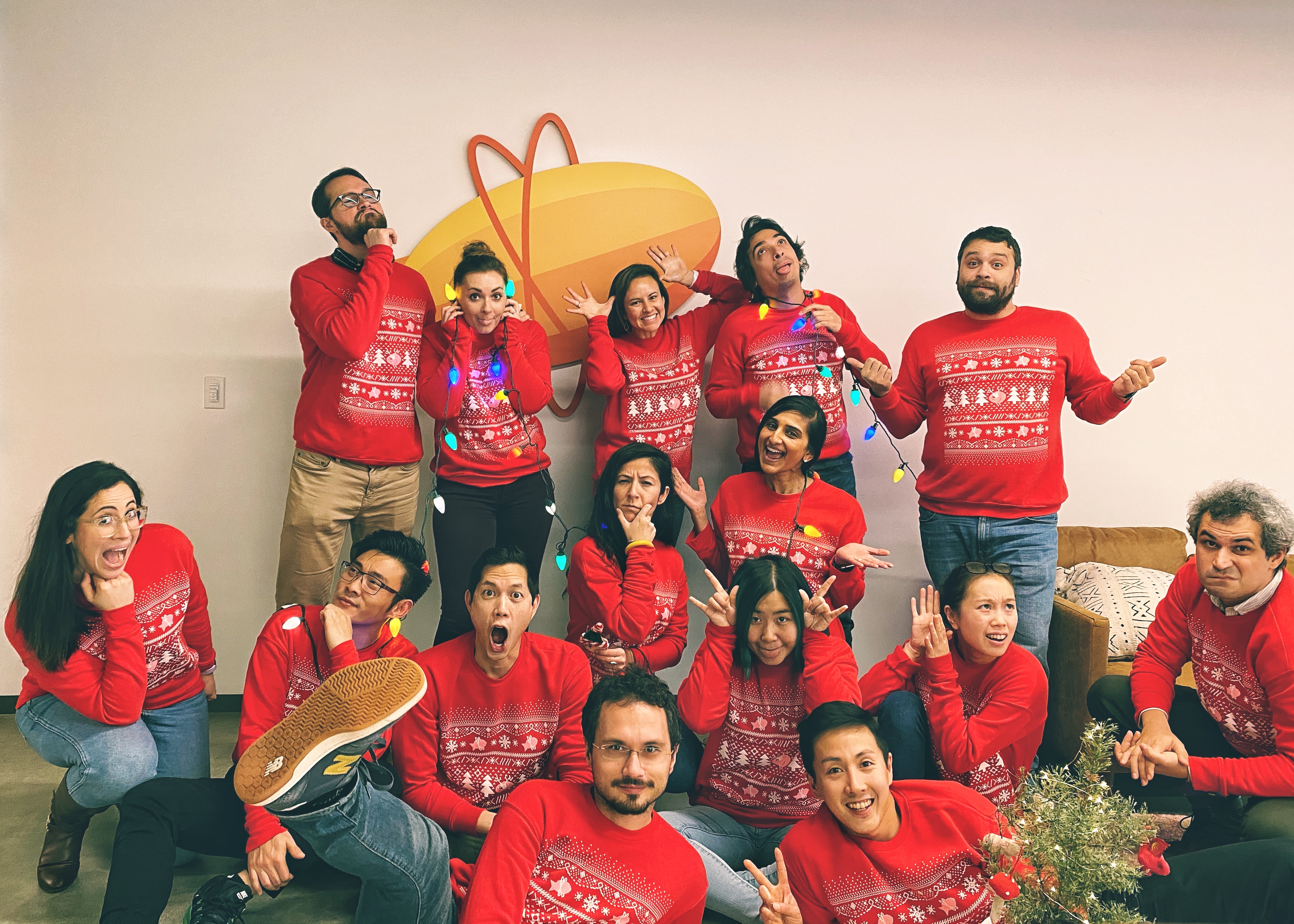 Zeplin team photo in front of Zeplin logo